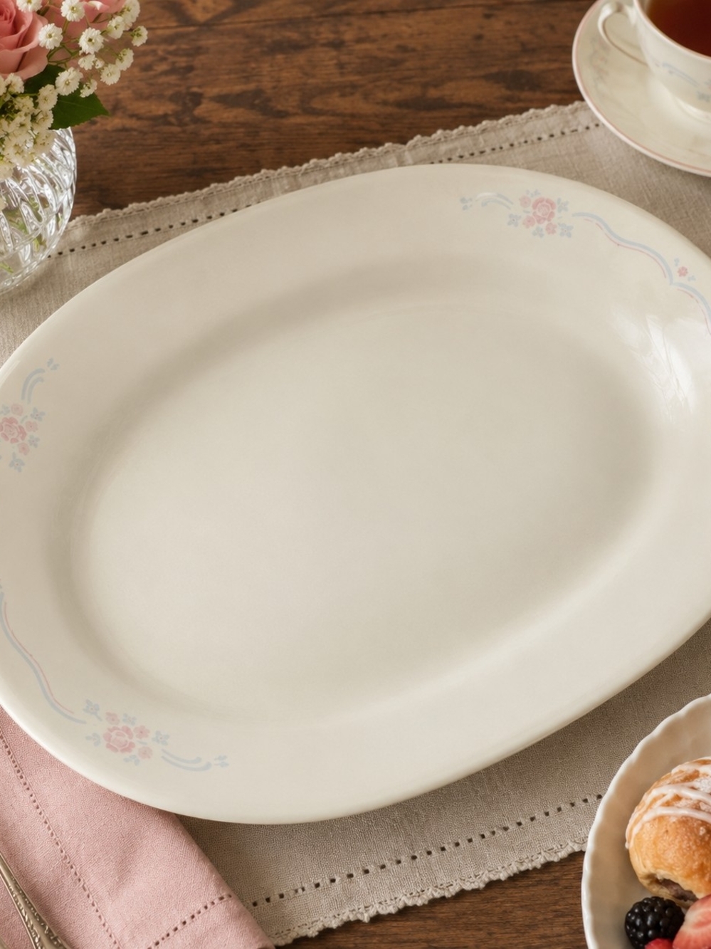 Corelle Oval Serving Platter in Cream with Pink & Blue Floral Trim
